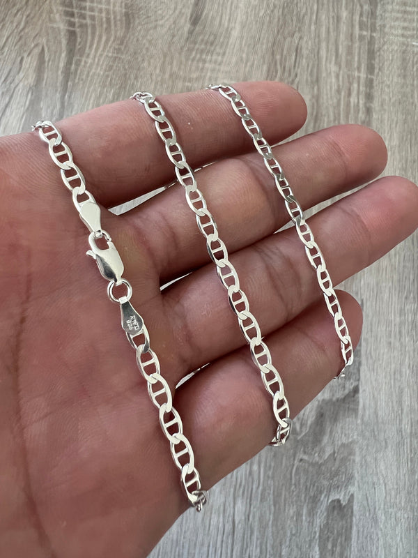 4mm 925 Mariner Sterling Silver Solid Chain Necklace Diamond Cut High Polish for Men and Woman Unisex in 18" 20" 22" 24" 26" 30" Italian