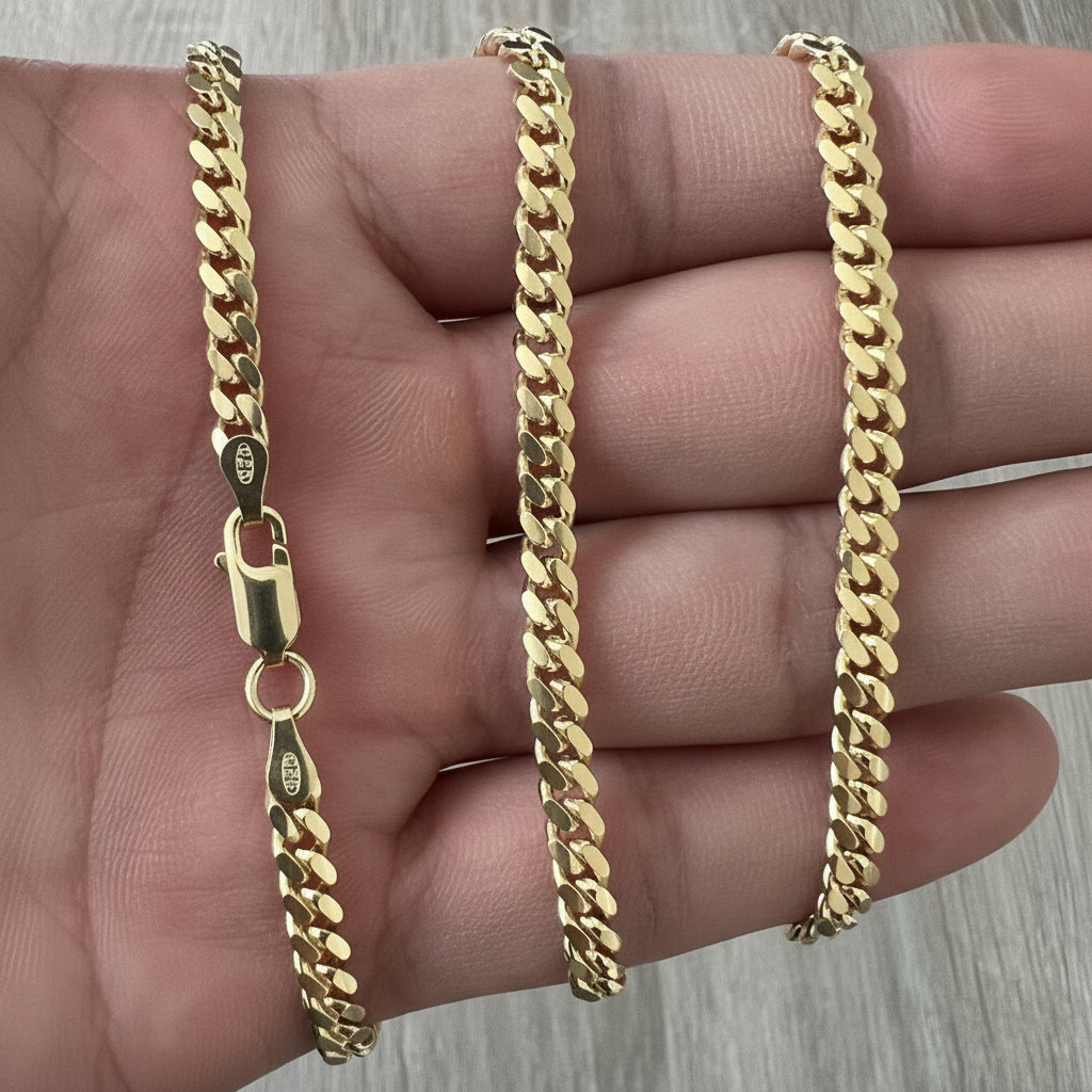 4mm Miami Cuban 14K Gold Vermeil Over Solid 925 Sterling Silver Chain Real Heavy Curb Necklace Men's Women's Unisex Minimalist Italian