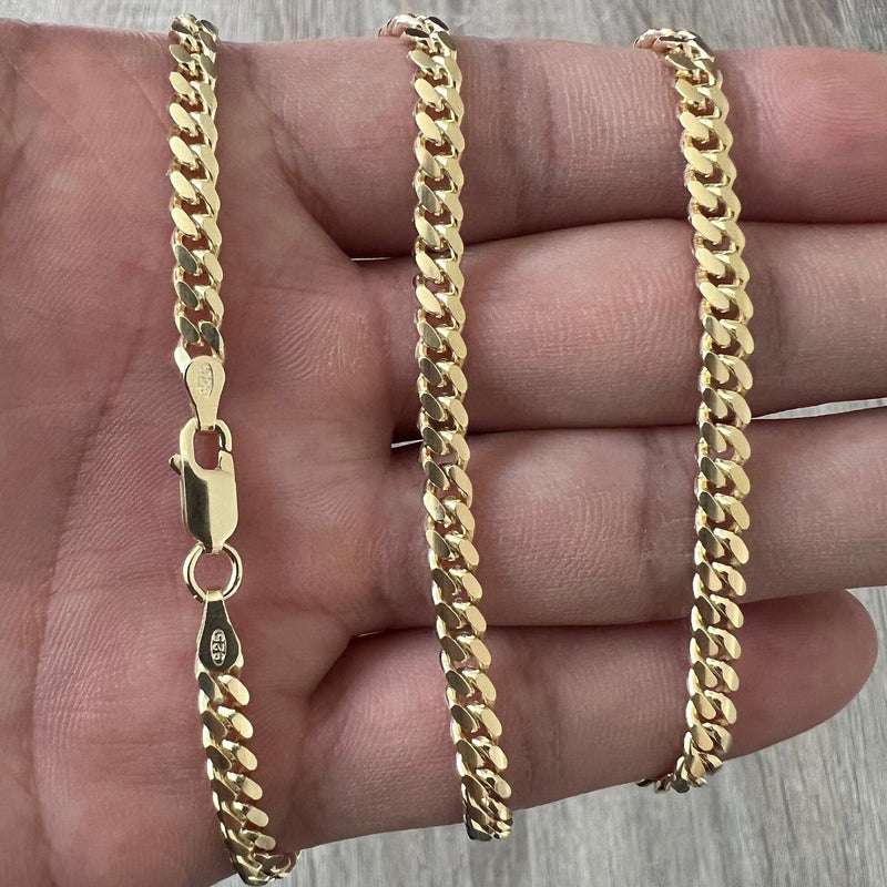 4mm Miami Cuban 14K Gold Vermeil Over Solid 925 Sterling Silver Chain Real Heavy Curb Necklace Men's Women's Unisex Minimalist Italian