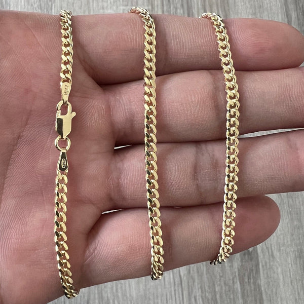 2.5mm Miami Cuban 14K Gold Vermeil Over Solid 925 Sterling Silver Chain Real Heavy Curb Necklace Men's Women's Unisex Italian Minimalist