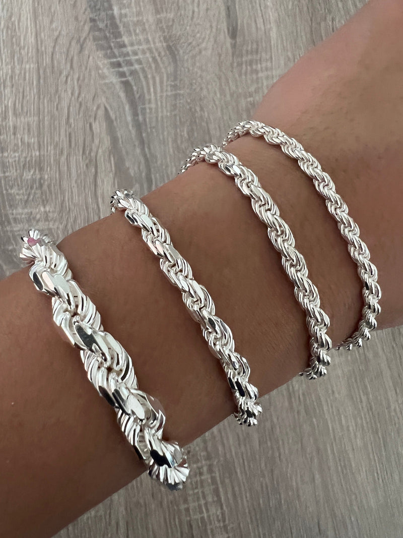 925 Rope Sterling Silver Solid Bracelet Necklace Diamond Cut High Polish for Men and Woman Unisex in 5mm 6mm 8mm 11mm Italian