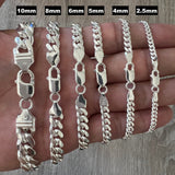925 Solid Miami Cuban Sterling Silver Chain Real Heavy Curb Necklace Bracelet Men's Women's Unisex 2.5mm 4mm 5mm 6mm 8mm 10mm Italian