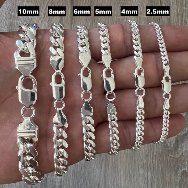 925 Solid Miami Cuban Sterling Silver Chain Real Heavy Curb Necklace Bracelet Men's Women's Unisex 2.5mm 4mm 5mm 6mm 8mm 10mm Italian