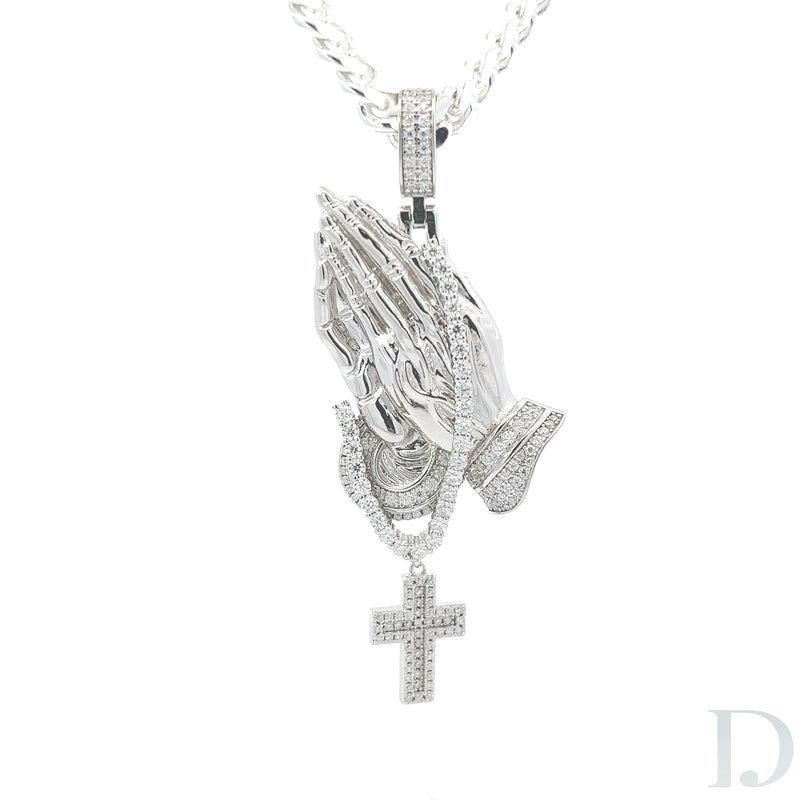 Moissanite Praying Hands Pendant in 925 Sterling Silver Iced Diamond GRA certified stones