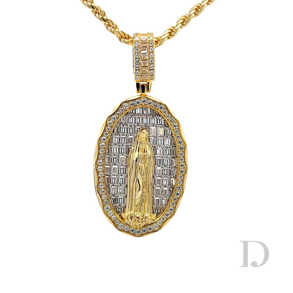 14K Gold Diamond Diamond Virgin Mary 925 Sterling Silver Baguette Diamonds Iced Stones Religious Christian Catholic Medallion