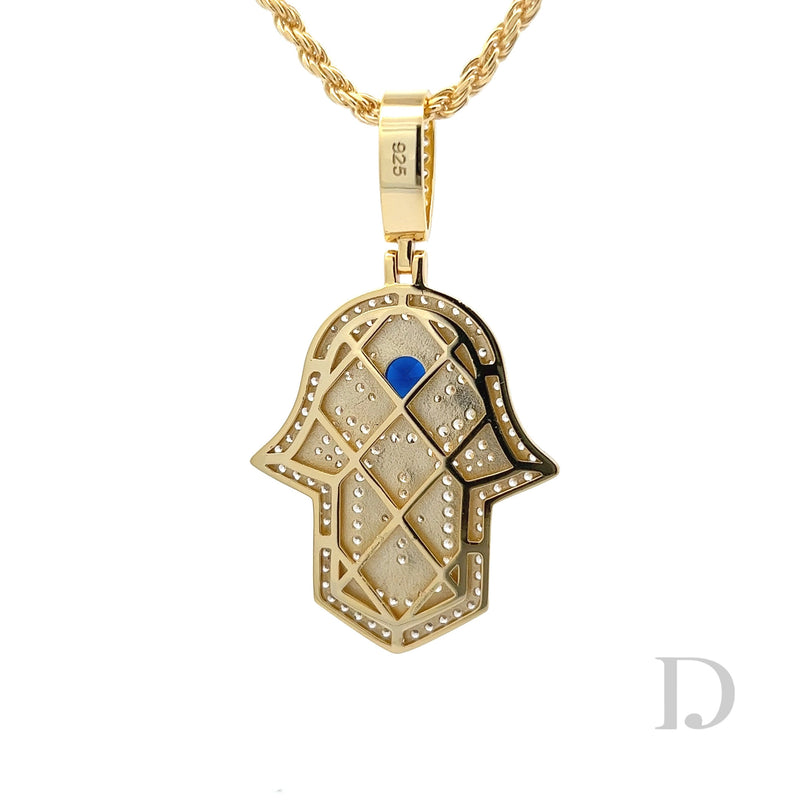14K Gold 925 Sterling Silver Hamsa Hand Evil Eye Diamonds Iced Stones Religious Hand of Fatima Symbolic Symbol