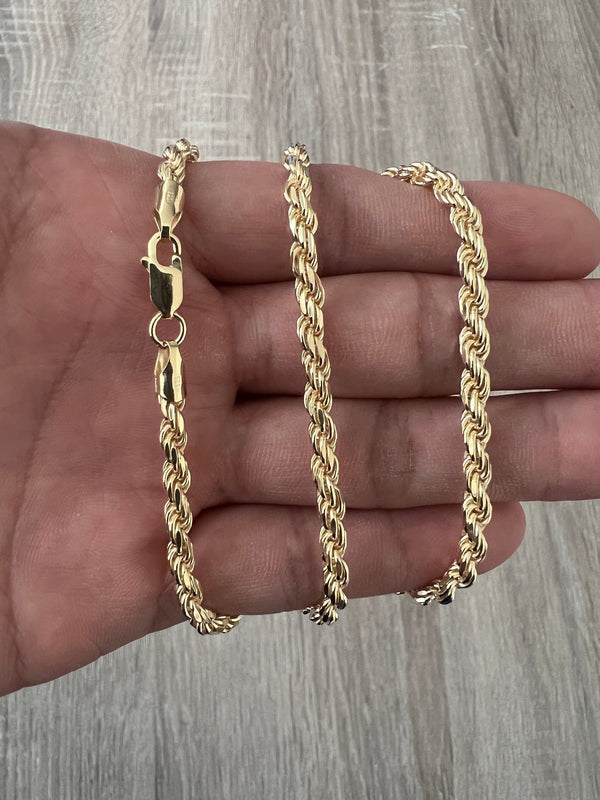 4mm Rope 14K Gold Vermeil Over Solid 925 Sterling Silver Chain Necklace Diamond Cut Men Women