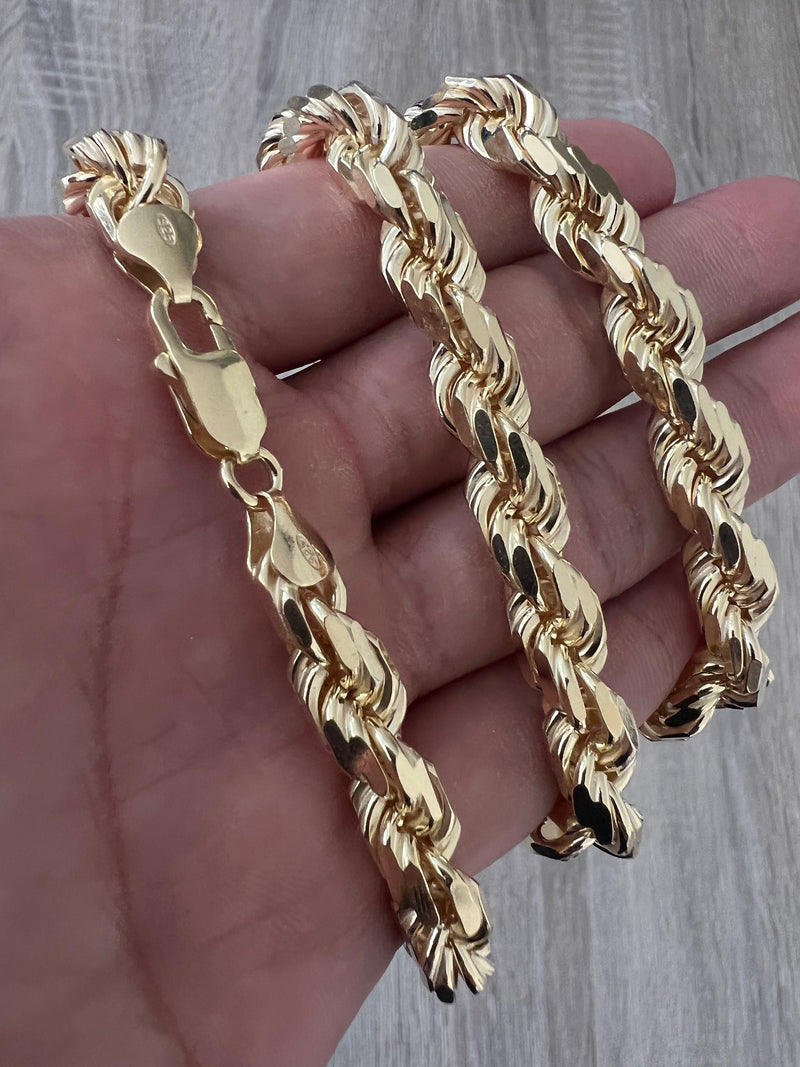 8mm Rope 14K Gold Vermeil Over Solid 925 Sterling Silver Chain Necklace Diamond Cut Men Women