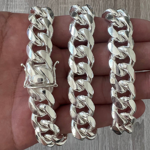 14mm 925 Solid Miami Cuban Sterling Silver Box Lock Chain Real Heavy Curb Necklace Men's Women's Unisex Minimalist Italian Bracelet