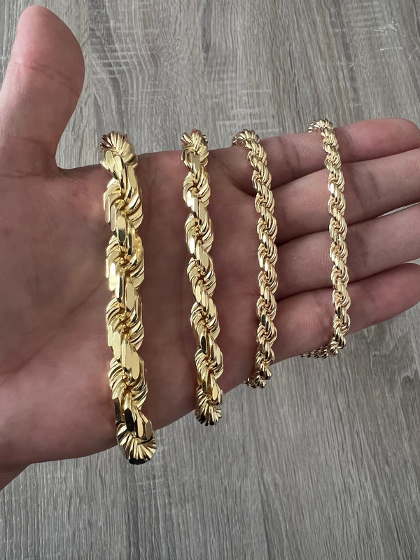 Rope 14K Gold Vermeil Over Solid 925 Sterling Silver Chain Necklace Diamond Cut Polish Men Women 1.5mm 2mm 2.5mm 3mm 4mm 5mm 6mm 8mm 11mm