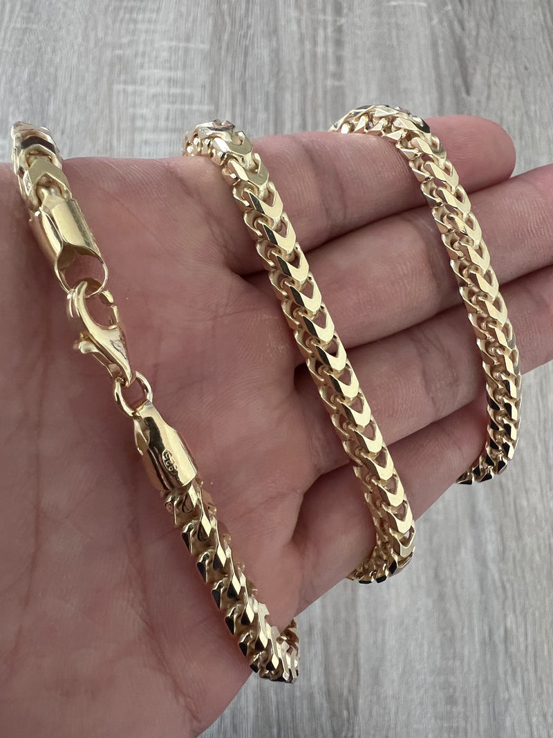 5mm Franco 14K Gold Vermeil Over Solid 925 Sterling Silver Chain Necklace Bracelet Diamond Cut Polish Men Woman Unisex 2.5mm 3mm 4mm 5mm