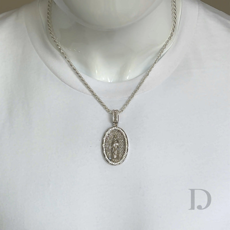 Real 925 Sterling Silver Virgin Mary Necklace Pendant Iced Diamond  Medallion Men