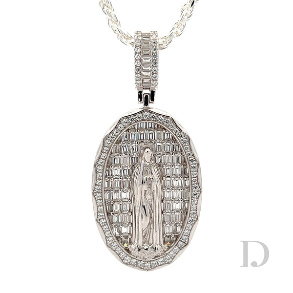 925 Sterling Silver Diamond Virgin Mary Baguette Diamonds Iced Stones Religious Christian Catholic Medallion
