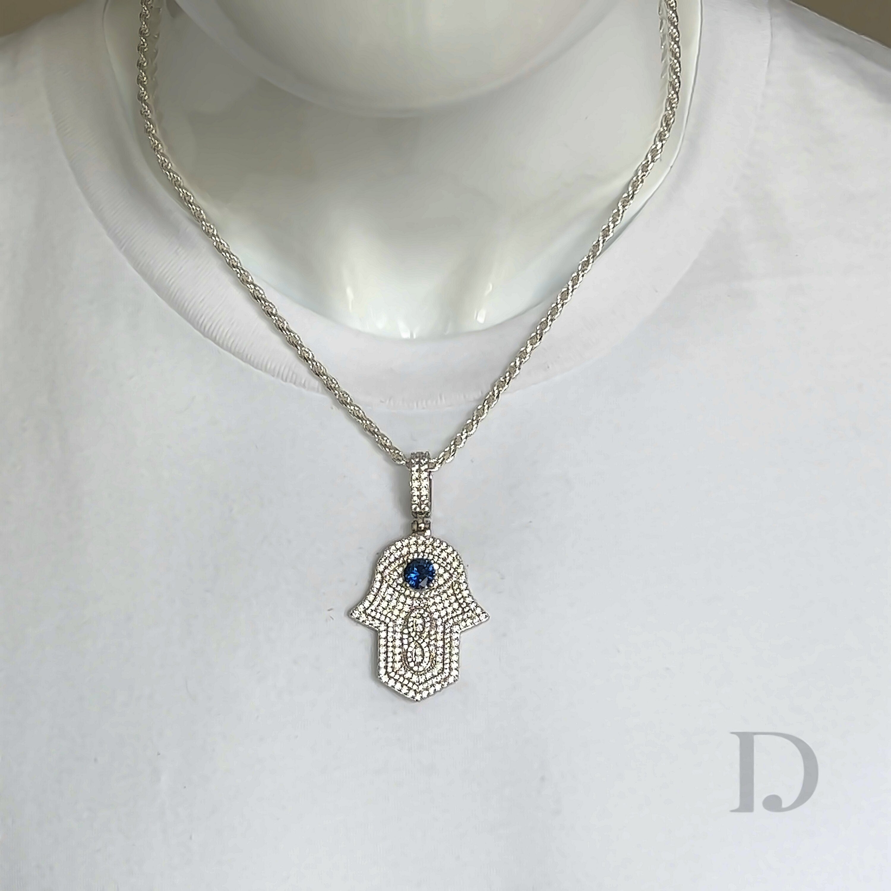 925 Sterling Silver Hamsa Hand Evil Eye Diamonds Iced Stones Religious Hand of Fatima Symbolic Symbol